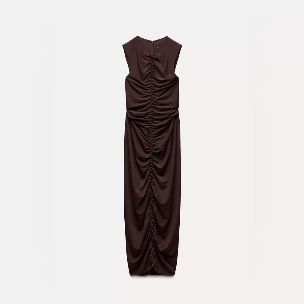 Zara long brown fitted dress midi bodycon evening cocktail casual - Picture 6 of 12